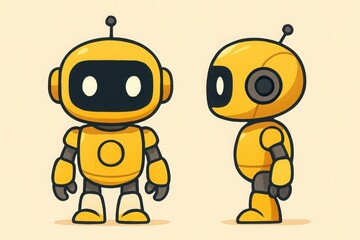Obraz premium Cute cartoon yellow robots standing and looking forward and sideways
