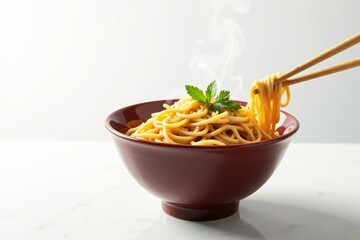 Steaming bowl of ramen noodles, chopsticks, white background, egg, asian