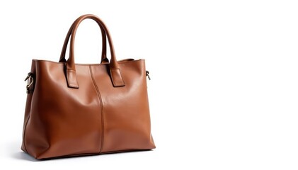 Stylish brown leather tote bag, isolated on white , accessory, studio shot