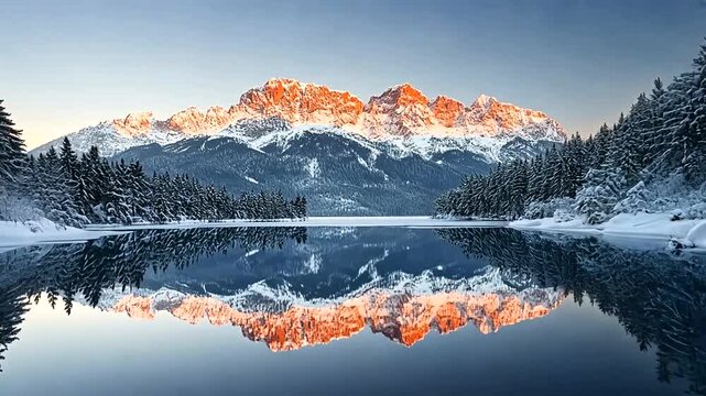 Majestic winter landscape reflecting off tranquil alpine lake with snow-capped mountains and forest