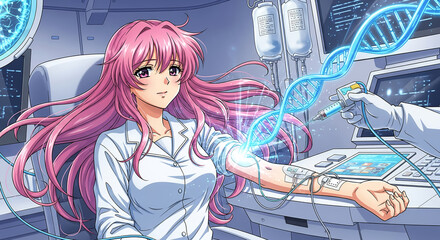 Anime-style illustration of a pink-haired woman receiving a DNA-altering injection in a futuristic medical setting with monitors and equipment.