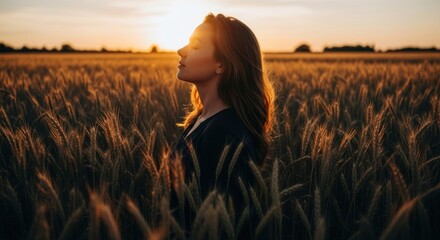 Fototapeta premium Woman in golden wheat field at sunset