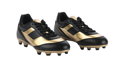 Football cleats in black and gold, isolated on white, for competitive or training use.