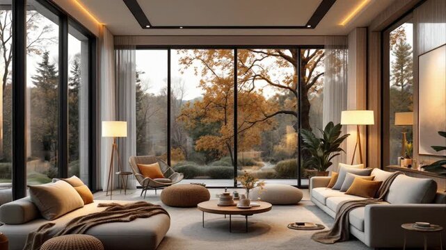 Luxurious modern living room with expansive windows overlooking autumn foliage