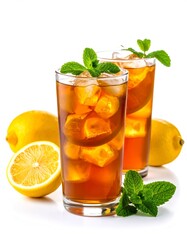 Cool glass of lemon tea with mint sprigs and citrus wedges, perfect summer drink on white.