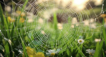 Spiderweb with morning dew nature background closeup