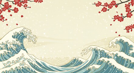 Japanese Style Background with Waves Plum Blossoms and Snowflakes for New Year s Cards and Winter Season