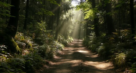 Obraz premium Sunbeams Illuminating a Forest Path