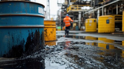 Industrial spill with hazardous waste drums on a factory floor.