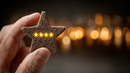 Hand holding a textured star-shaped object with five glowing stars.