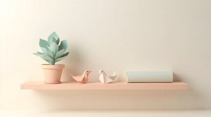 Minimalist shelf decor with plant origami birds and pastel colors for home interior
