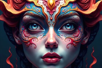 Symmetrical abstract face design, intricate lines and curves , template, digital art