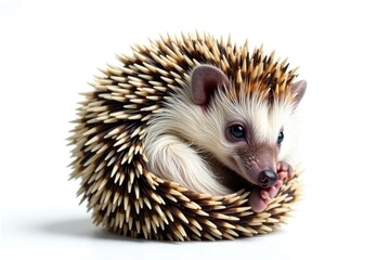 Tiny hedgehog curled in a ball, isolated on pure white background, closeup, quill