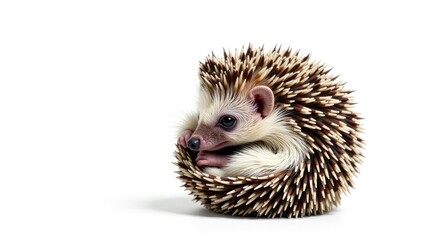 Tiny hedgehog curled in a ball, isolated on pure white background, nature, ball, closeup