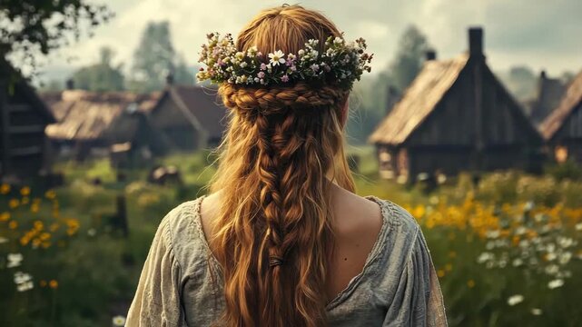 Woman with flower crown, braided hair, and rural village for lifestyle concept.