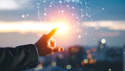 Businessman engaging with virtual world map circle, showing global digital connectivity.