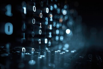 Binary code fills a dark space, with blurred lights