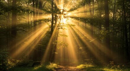 Golden Sunlight Streaming Through Lush Forest