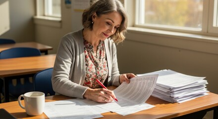 Focused Woman Grading Papers in a Sunlit Classroom