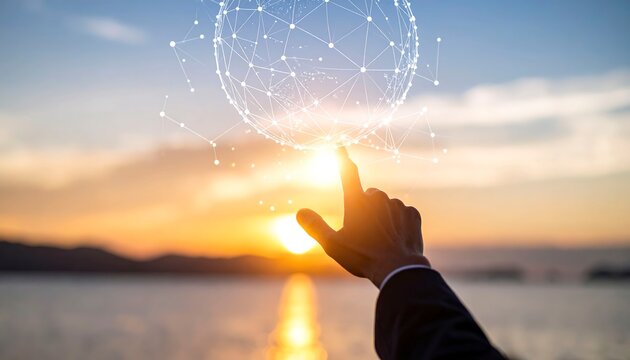 Hand of a businessman touching digital globe, representing global connection and tech growth. - Powered by Adobe