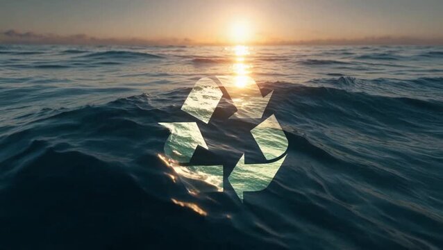 Sustainable Future: Recycling Symbol Above Ocean Waves at Sunset