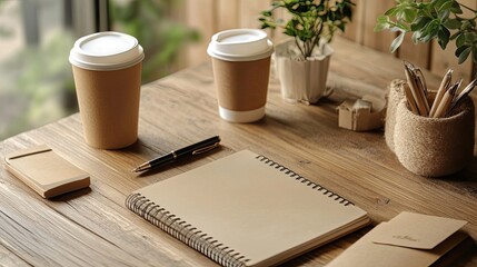 Notebook and stationery mockup scene with pen, paper, and business branding materials for office productivity