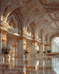 Fototapeta premium Royal Day Grand Ballroom Interior with Elegant White and Gold Decor for Premium Winter Gala Corporate Events and Festive Holiday Marketing Campaigns