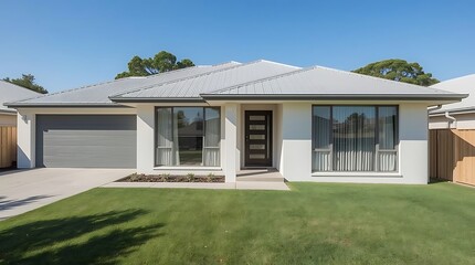 Exterior view of a single-story house with gray garage and green lawn