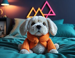 Kawaii dog plush, abstract geometric gradients, geometric shapes, circle, triangle