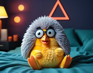 Kawaii bird plush, abstract geometric gradients, geometric shapes, circle, triangle