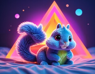 Kawaii squirrel plush, psychedelic abstract geometric gradients, geometric shapes, circle, triangle
