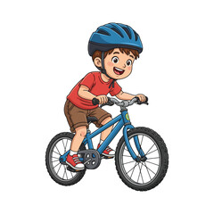 Fototapeta premium Joyful cartoon boy in a red shirt and blue helmet happily riding his bicycle, an isolated vector graphic for kids' activities.