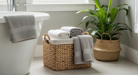 Fototapeta premium Bathroom towels in a woven basket near a bathtub