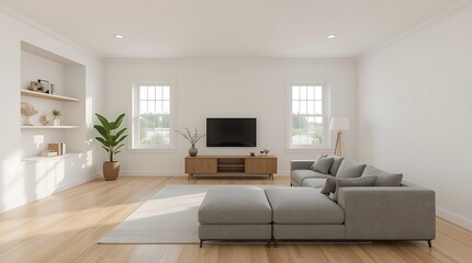 Fototapeta premium Bright living room with gray sectional sofa, tv, and built-in shelves