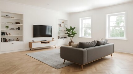 Fototapeta premium Bright living room with gray sofa, tv, and built-in shelves