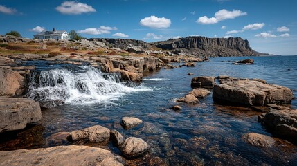 Coastal waterfall cascading over rocks into a clear sea.
