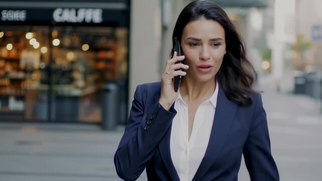 Attractive businesswoman on phone in city with talking, and smiling.