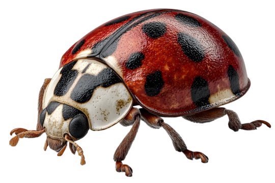 Detailed close-up of a beautiful ladybug with red and black spots on a transparent backdrop