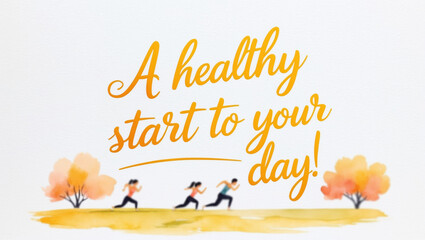 illustration of a pastel watercolor of people exercising in morning sunrise with park on the bottom , with the warm, golden text “ A healthy start to your day!"
