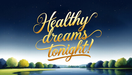 illustration of a minimalist watercolor of park and lake on the bottom , against a clean, crisp dark night backdrop, with the warm, golden “Healthy dreams tonight!" written in elegant, cursive script