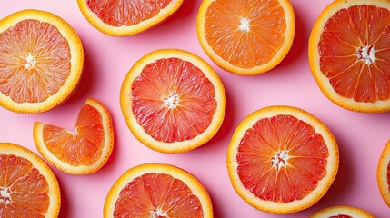 Pink pastel background with sliced oranges flatlay, citrus fruit concept for fresh healthy food or design element