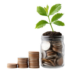 Hopeful creative startup investment concept for sme. plant growing from coin jar with money stack showing business growth