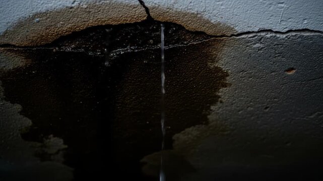Leaking water from a cracked ceiling causes water damage and mold, a home repair issue.