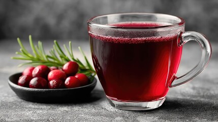 Refreshing Cranberry Juice in Glass with Rosemary and Fresh Berries on Dark Background