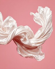 Elegant silk fabric in motion against a soft pink background.