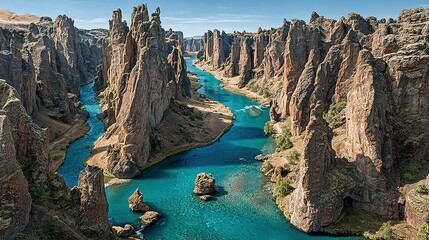 Azure river winding through towering rock formations.