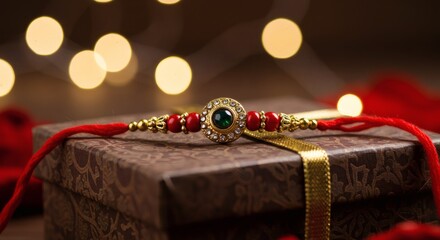 Close-Up of Traditional Rakhi Bracelet with Intricate Design on Decorative Gift Box – Festive Background Blur, Warm Lighting, High-Resolution Product Photography for Raksha Bandhan Celebration