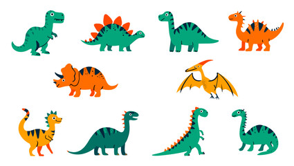 Collection of cartoon dinosaurs including t rex, stegosaurus, triceratops and pterodactyl characters