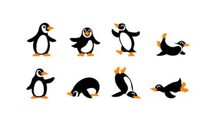 Collection of eight stylized penguins in various poses and activities on a plain presentation