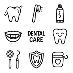 A set of doodle line icons showing dental care, oral hygiene tools, healthy teeth, brushing habits, flossing, and dentist equipment